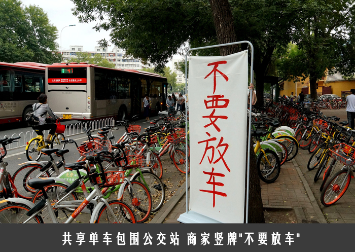 共享单车包围公交站 商家竖牌＂不要放车＂ 